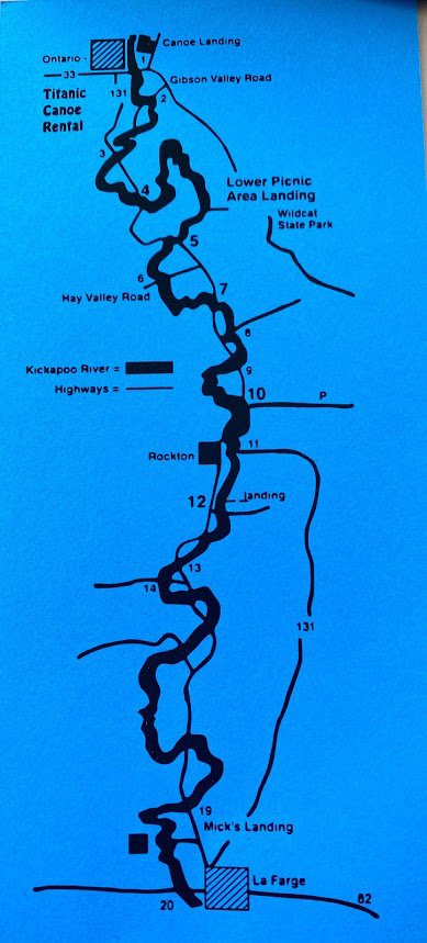 Kickapoo River Map for Canoe, Kayak, Tubing Dropoff & Pickup